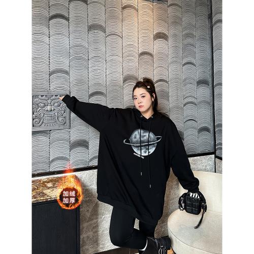 燙鉆大碼衛衣女裝秋冬新款加絨加厚200斤胖妹mm套頭寬松上衣外套