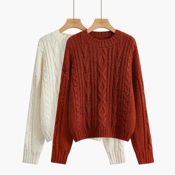 紅色毛衣女2022新款秋冬裝圓領修身套頭上衣新年麻花紋長袖針織衫