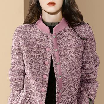 秋季粉色優雅氣質格紋毛呢外套