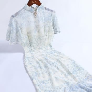 戚薇藍色改良新中式旗袍夏季新款2024年輕款少女日常魚尾裙高級感