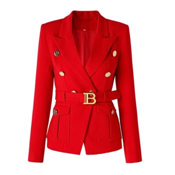 2023歐美秋冬新款高端大紅色收腰顯瘦系帶雙排扣氣質上衣西裝外套