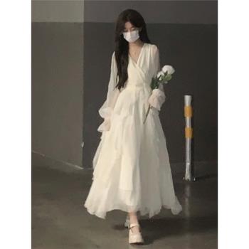 法式溫柔風氣質連衣裙2024新款女春秋高階感白色裙子仙女超仙森系
