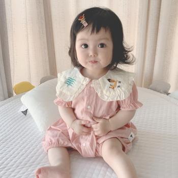 ins24夏款韓版嬰兒可愛娃娃領刺繡短袖連體寶寶純棉包屁爬服外出