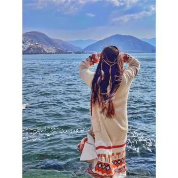 波西米亞外套女秋冬民族風刺繡流蘇毛衣針織開衫長款旅游度假披肩
