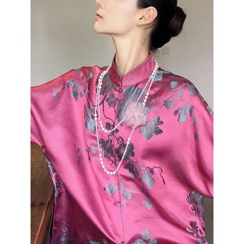 新中式女裝國風改良唐裝上衣早秋粉色提花醋酸緞面盤扣襯衫外套潮