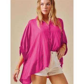 歐美玫紅色襯衫女夏季火龍果色百搭休閑粉色設計感蝙蝠袖寬松上衣