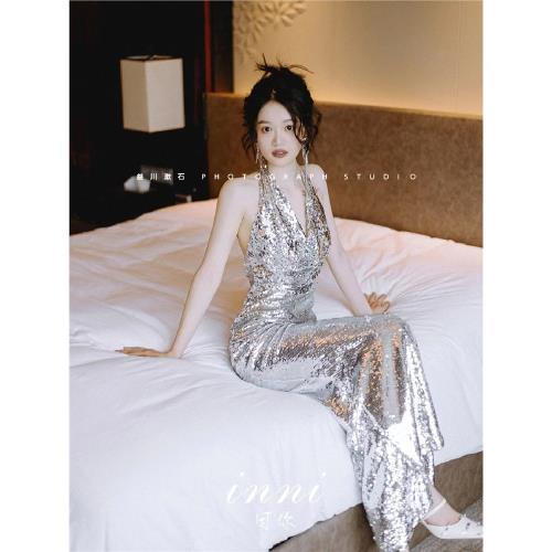 Moony love 亮片銀色禮服「Bling」高端輕奢晚禮服新娘婚禮敬酒服