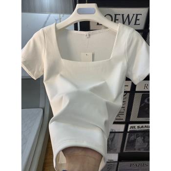 白色短袖t恤女夏季新款方領修身設計感小眾棉質別致小個子上衣ins