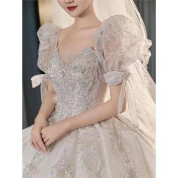 緞面主婚紗2024新款公主新娘小個子重工法式奢華高級感長拖尾大碼