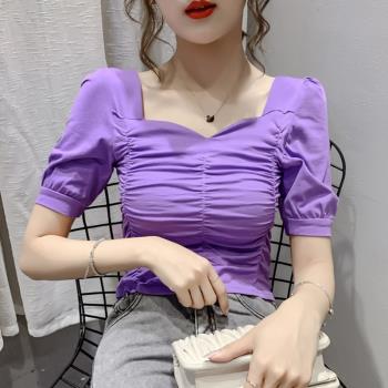復古鎖骨顯瘦紫色t恤泡泡袖上衣