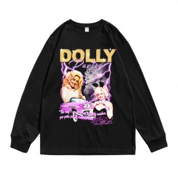 美國鄉村音樂多莉·帕頓Dolly Parton歌手人物印花T恤長袖寬松女