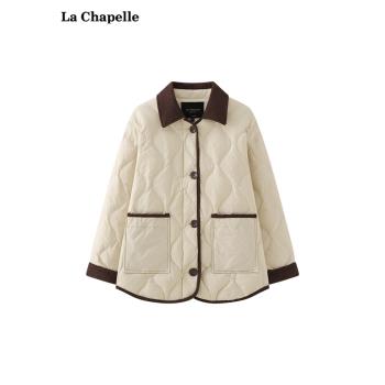 拉夏貝爾 La Chapelle撞色翻領排扣雙口袋葫蘆格羽絨服外套女冬季