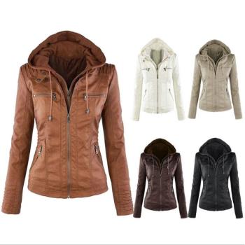 Jacket Women Euro Hood zipper coat Leather clothing皮夾克女