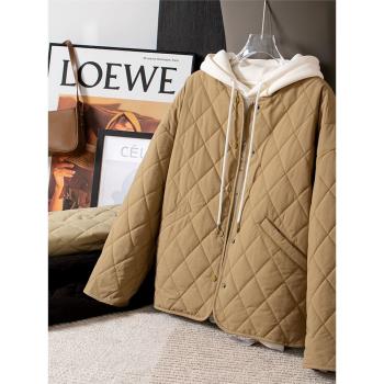 今年流行的棉襖復古菱格絎棉加厚保暖冬季圓領寬松夾棉長袖外套女
