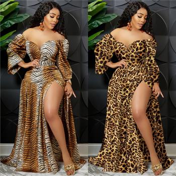 New womens V-neck long sleeve printed slit dress Party gown