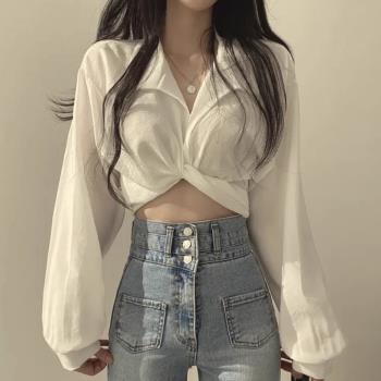 韓國chic春季小眾設計感后背系帶蝴蝶結露肚臍百搭短款長袖襯衫女