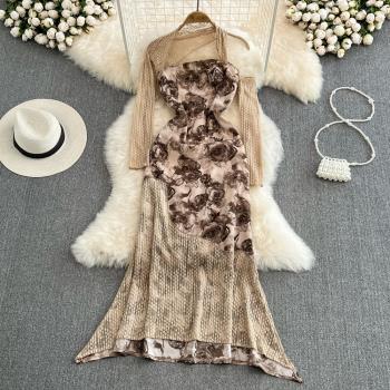 復古法式仙女裙超仙玫瑰印花掛脖方領露背連衣裙溫柔風氣質茶歇裙