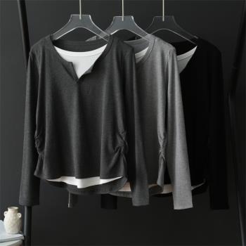 假兩件螺紋棉長袖T恤女夏2024新款設計感收腰褶皺撞色圓領打底衫