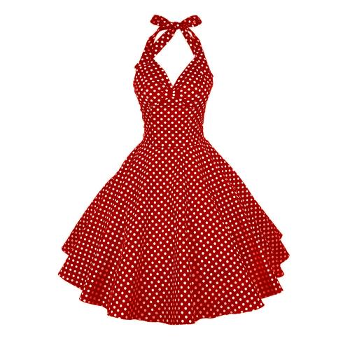 跨境熱賣復古波點掛脖露背系帶顯瘦修身束腰宮廷大擺連衣裙歐美