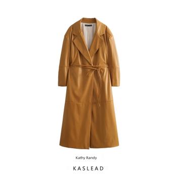 KASLEAD 新款 女裝 歐美風時尚休閑配腰帶皮革大衣外套 1966308