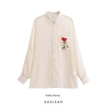 KASLEAD 新款 女裝 歐美風時尚百搭立體波點玫瑰長袖襯衫