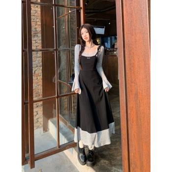 大碼女裝韓系精致氣質修身時尚休閑撞色春季今年流行的連衣裙長裙