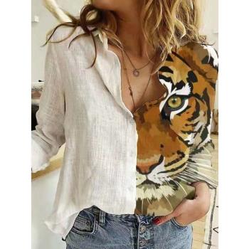 歐美秋季新品POLO領白色單排扣老虎頭tiger印花長袖襯衫上衣shirt