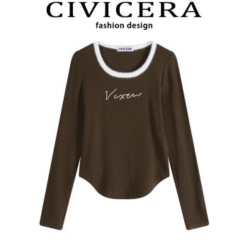 CIVICERA美式復古短款T恤女秋冬款修身顯瘦設計感毛毛領打底上衣