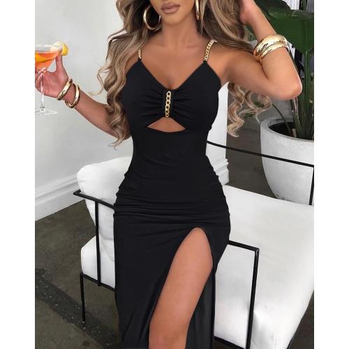 Chain Decor Cutout High Slit Dress||ETMall