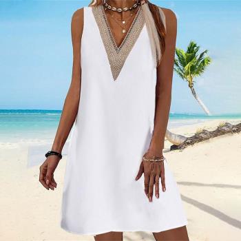 夏季新品歐美白色拼接V領氣質A字無袖寬松背心連衣裙沙灘裙DRESS