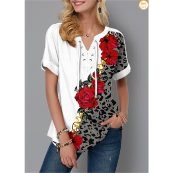Neck Summer Tee Casual Ladies Shirts T-Shirt Pullovers Tops