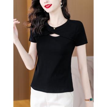 純棉T恤女短袖夏季裝設計感性感鏤空小衫洋氣黑色小個子女士上衣