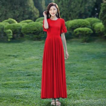 紅色波西米亞沙灘裙女2023夏季新款超仙顯瘦三亞沙灘長裙海邊度假