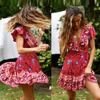歐美夏季泰國東南亞渡假風復古碎花裙綁帶小性感深V短袖連衣裙子
