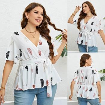 夏季V領收腰顯瘦上衣女 plus size summer Deep V women shirts