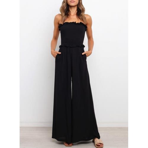 歐洲站速賣通一字領木耳邊抹胸性感露肩闊腿無袖連體褲女Jumpsuit
