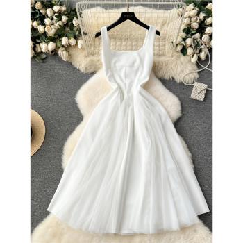 白色連衣裙女法式氣質方領收腰顯瘦中長款網紗仙女裙高級感禮服裙