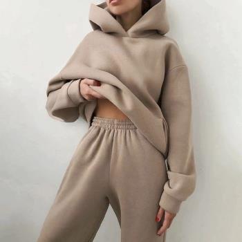 Autumn fashion casual hooded two-piece long sleeve solid col