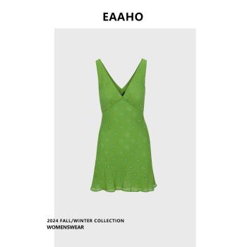 EAAHO 綠色V領連衣裙法式氣質名媛風2024年夏季新款短款午休裙子