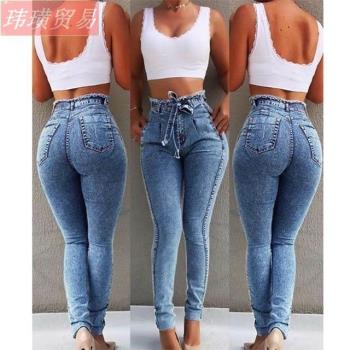 lady high waist elastic jeans belt denim pant women 女牛仔褲