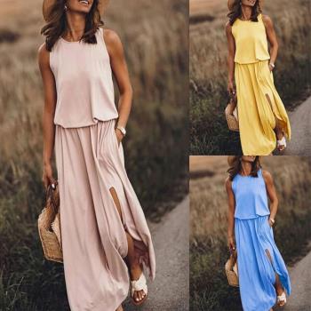 亞馬遜爆款夏季歐美風無袖女裝速賣通熱賣圓領無袖開叉純色連衣裙