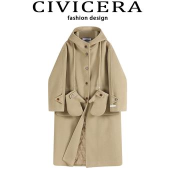 CIVICERA設計感連帽毛呢大衣女秋冬慵懶風夾棉加厚呢子外套小個子