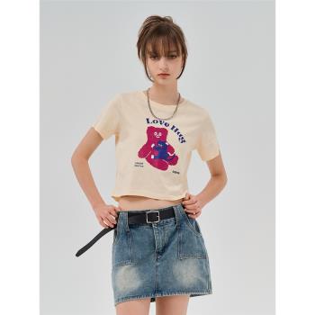 SRME夏季新品小熊貓咪擁抱印花半袖T恤短款甜酷辣妹修身圓領短袖