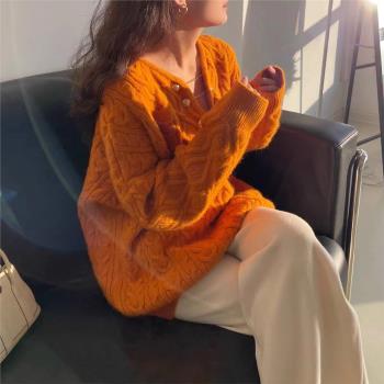 橘色V領溫柔針織寬松麻花毛衣