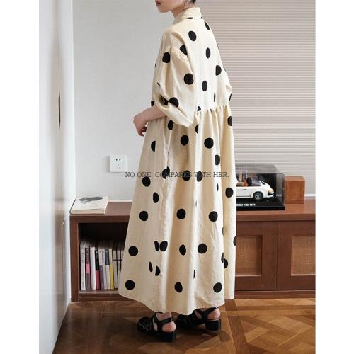 與她原創小眾設計 日系寬松大波點襯衫棉麻文藝學生長袖連衣裙女