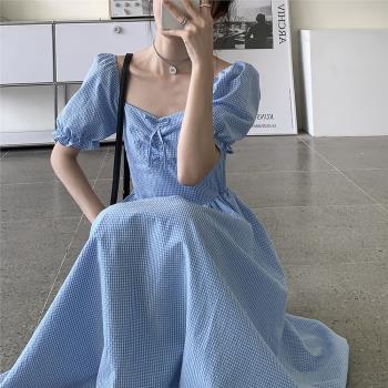 法式復古藍色格子女夏季連衣裙