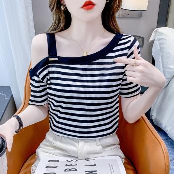 夏季純棉條紋短袖t恤女裝夏裝2024年新款韓版露肩小心機性感上衣