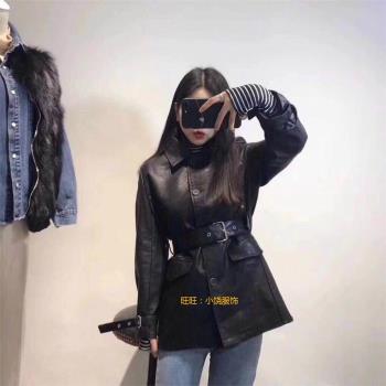 2023春秋冬款風衣女裝短款皮衣外套系帶PU皮夾克女收腰中長款顯瘦
