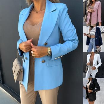 亞馬遜外貿速賣通歐美新款雙排扣時尚小西裝天藍色外套