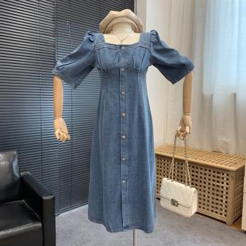 牛仔連衣裙簡約氣質藍色顯瘦夏季新款方領五分袖長裙 E#16